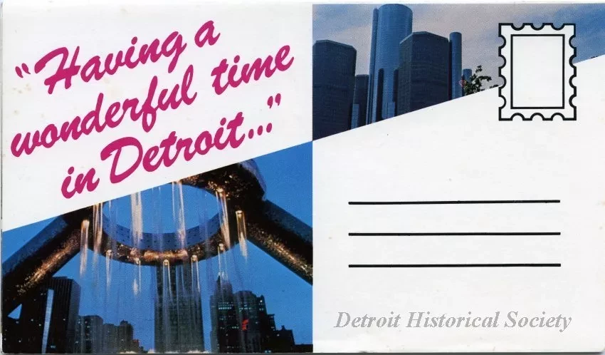 Postcard - "Having a wonderful time in Detroit ..."