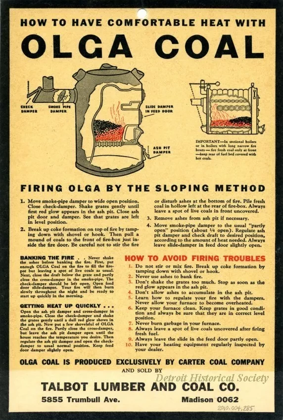 Card, Instruction - Talbot Lumber and Coal Company
