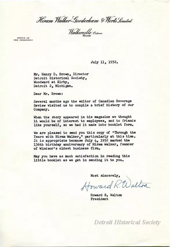 Letter - Hiram Walker - Gooderham & Worts, Ltd.