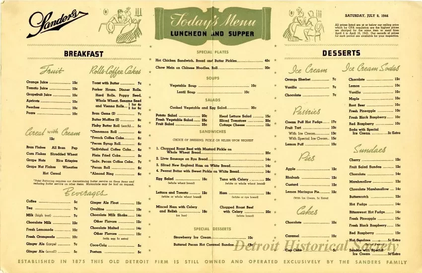 Menu - The Sanders Menu