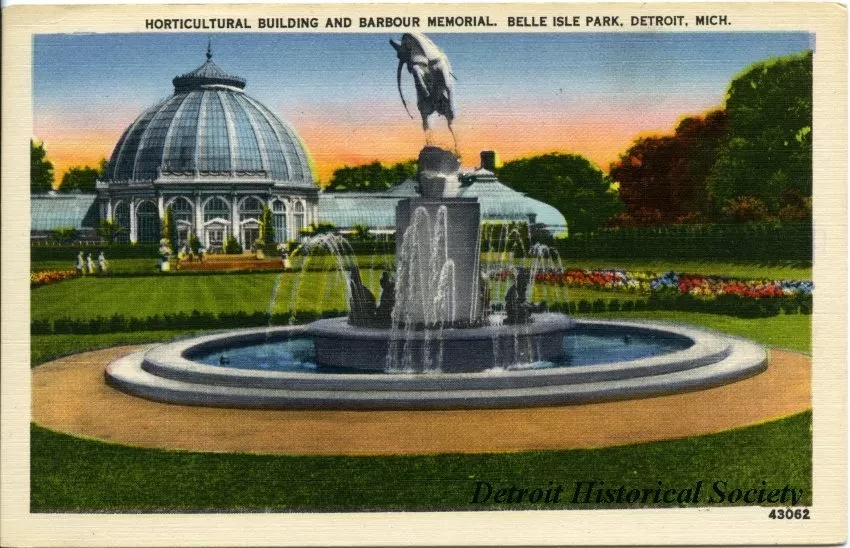 Postcard - Horticultural Building and Barbour Memorial, Belle Isle Park, Detroit, Mich.