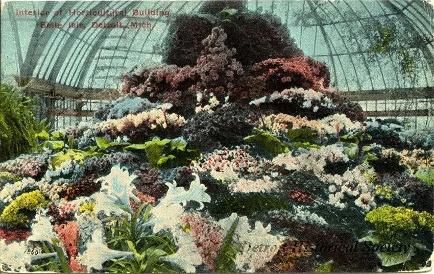Postcard - Interior of Horticultural Building, Belle Isle, Detroit, Mich.