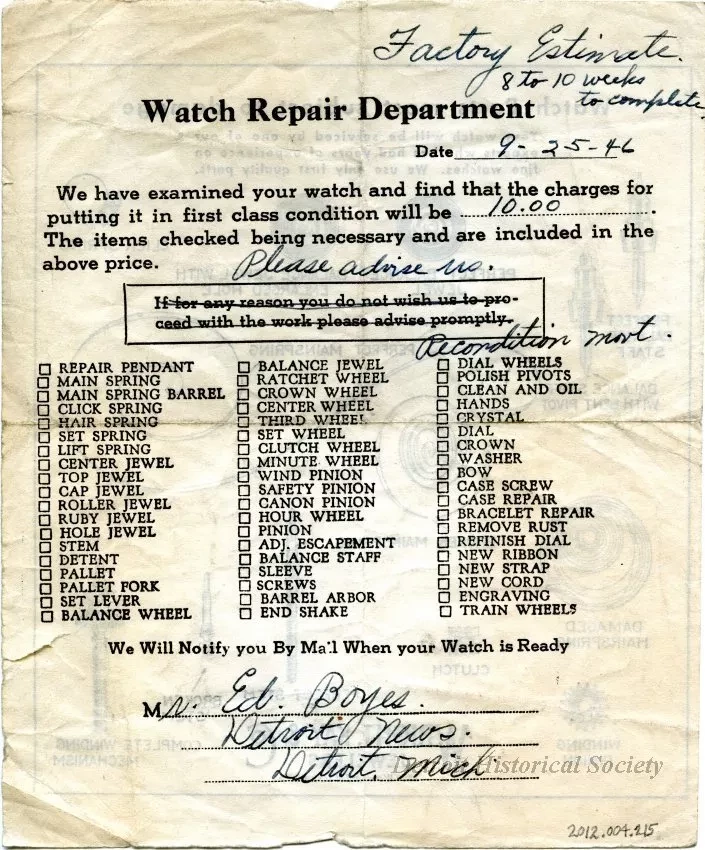 Receipt - Watch Repair Department
[Wright, Kay & Company]