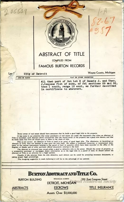 Title, Abstract - Abstract of Title,
Out Lot 3, Dennis J. and Theodore J. Campau Plat