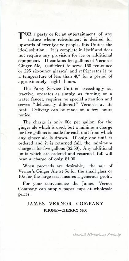 Advertisment - Vernor's Ginger Ale
Party Service Unit
