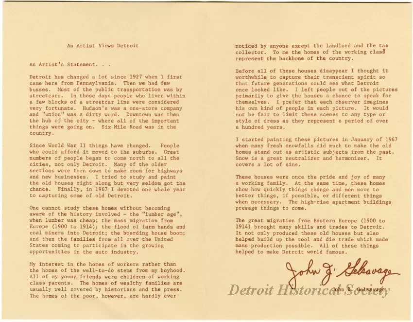 Brochure - An Artist Views Detroit: Paintings by John Z. Gelsavage