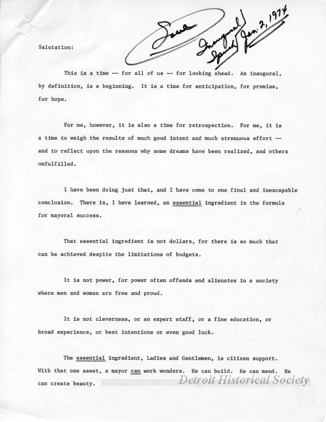 Speech - Inaugural Speech, Jan. 2, 1974 (Draft)