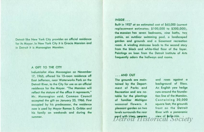 Booklet - Manoogian Mansion:  Official Residence of the Mayors of Detroit