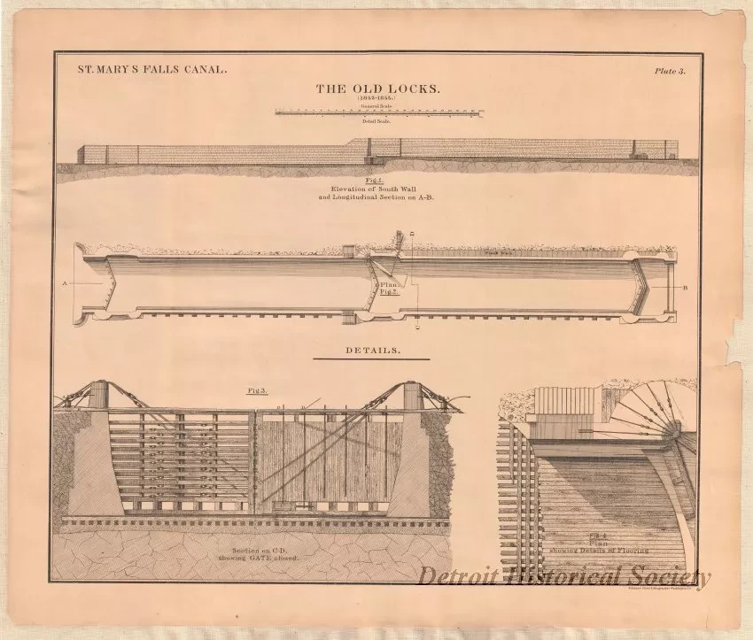 Lithograph - St. Mary's Falls Canal,
The Old Locks (1853-1855)