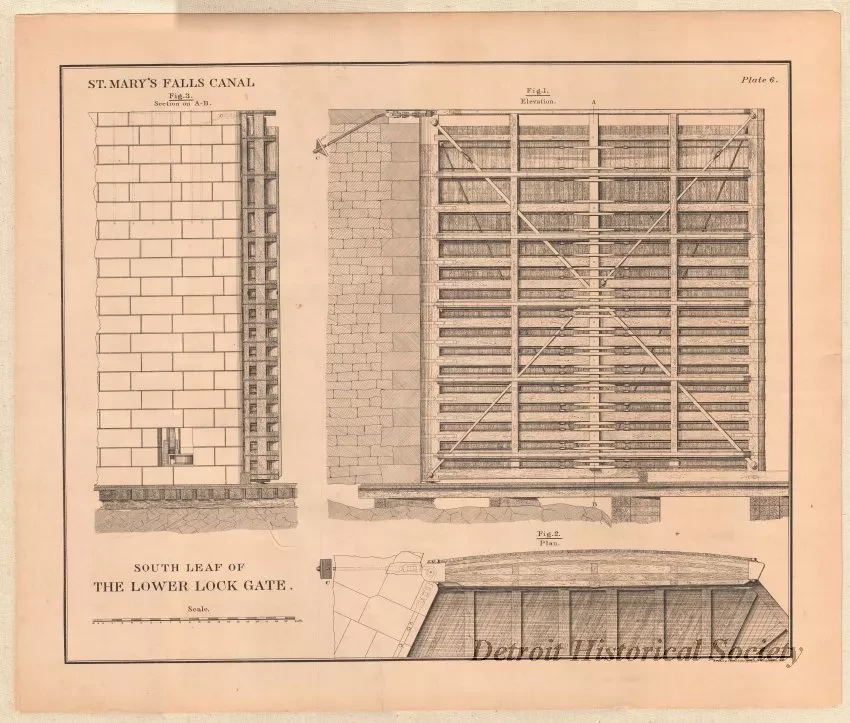 Lithograph - St. Mary's Falls Canal,
South Leaf of the Lower Lock Gate