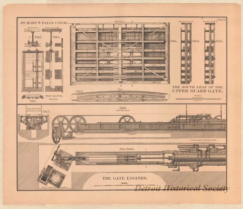 Lithograph - St. Mary's Falls Canal,
The South Leaf of the Upper Guard Gate.
The Gate Engines.