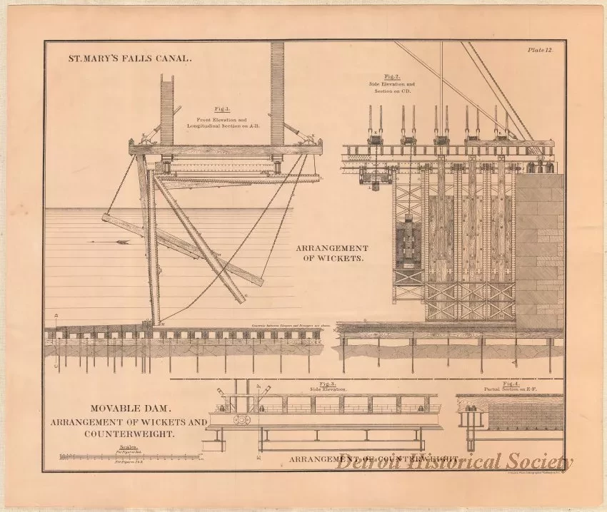 Lithograph - St. Mary's Falls Canal, 
Movable Dam.  Arrangement of Wickets and Counterweight.