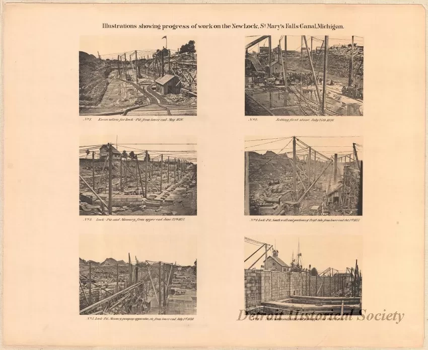 Lithograph - Illustrations Showing Progress of Work on the New Lock,
St. Mary's Falls Canal, Michigan.