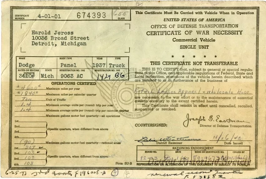 Certificate - Certificate of War Necessity
Commercial Vehicle
Single Unit