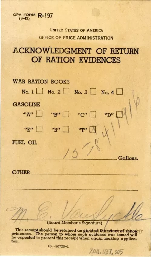 Postcard - Acknowledgment of Return of Ration Evidences