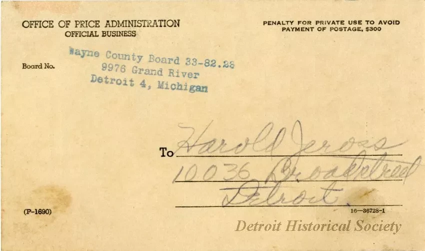 Postcard - Acknowledgment of Return of Ration Evidences