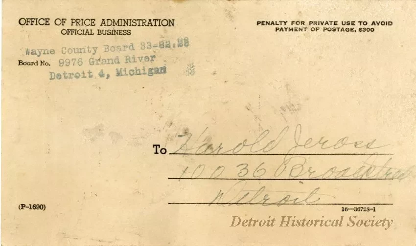 Postcard - Acknowledgment of Return of Ration Evidences