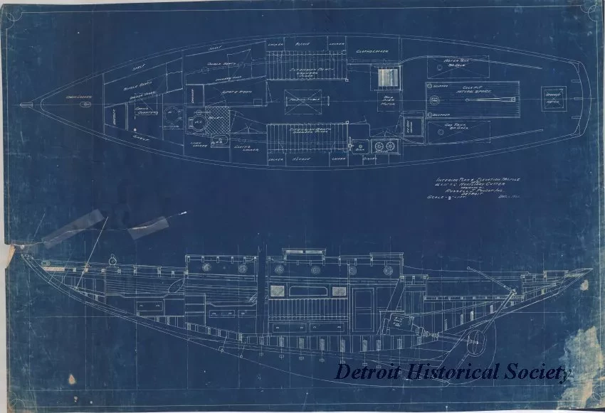 Blueprint - Interior Plan & Elevation Profile of a 46' x 11' x 6' Auxiliary Cutter