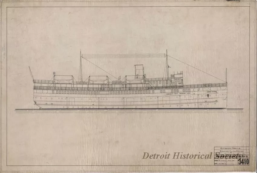 Drawing, Technical - Outboard Profile, Steamer United States,
Indiana Transportation Company
(Hull No. 28)