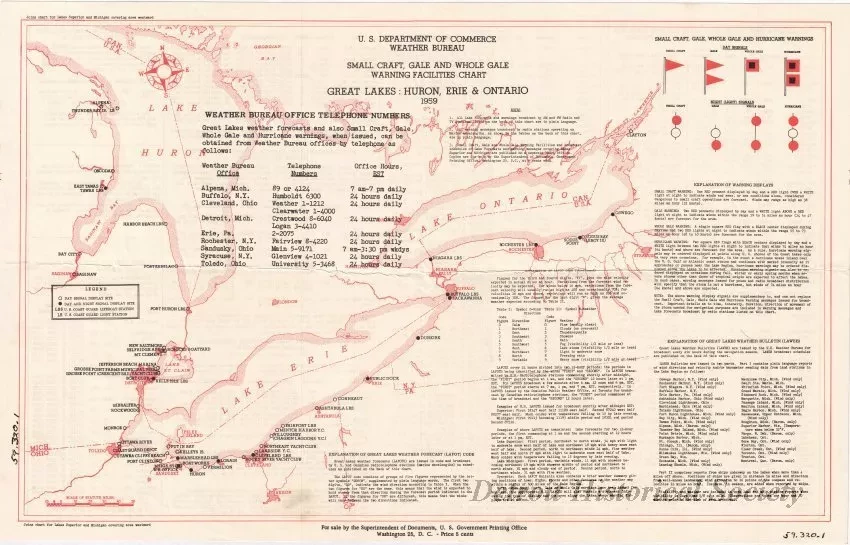 Chart, Informational - U. S. Department of Commerce, Weather Bureau
Small Craft, Gale, and Whole Gale Warning Facilities Chart
Great Lakes: Huron, Erie & Ontario, 1959