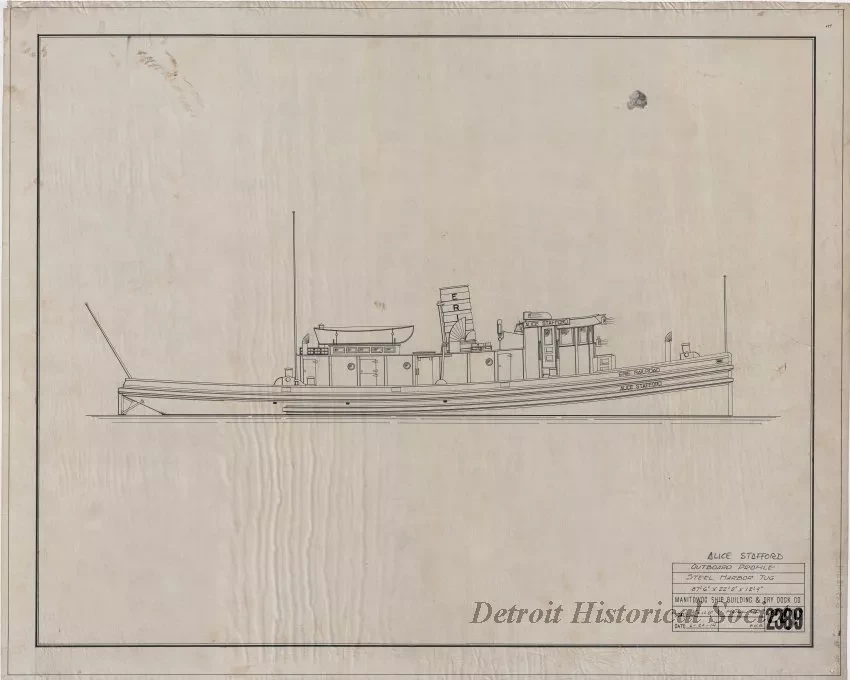 Drawing, Technical - Alice Stafford, Outboard Profile,
Steel Harbor Tug, 78' 6" x 22' 0" x 12' 9"