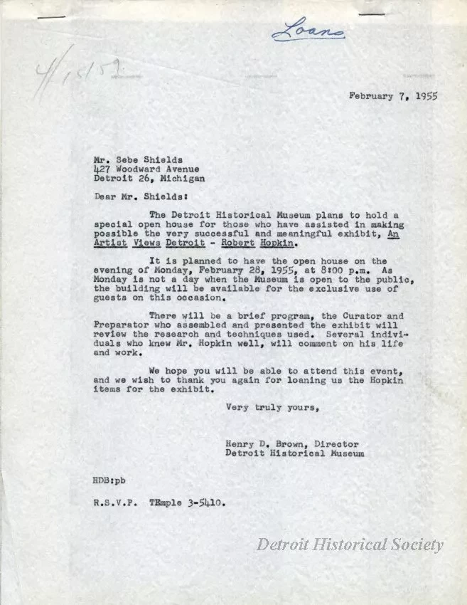 Letter - Director Detroit Historical Museum Robert Hopkin Exhibit Open House Invitation Letters - Detroit Historical Museum's Robert Hopkin Exhibit Open House Invitation Let