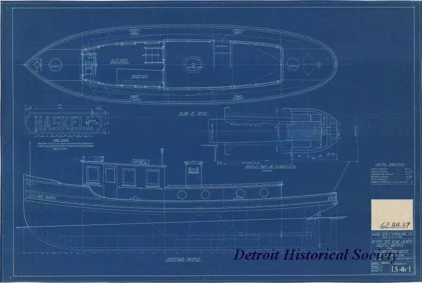 Blueprint - 40 Foot Steel Work Launch, 
Profile and Deck for U. S. Lake Survey Office,
Detroit, Michigan