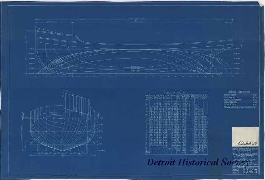 Blueprint - 40 Foot Steel Work Launch,
Lines and Offsets for
U. S. Lake Survey Office, Detroit, Michigan