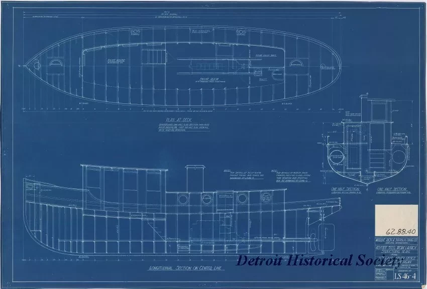 Blueprint - 40 Foot Steel Work Launch, 
Structural Plan for 
U. S. Lake Survey Office, Detroit, Michigan