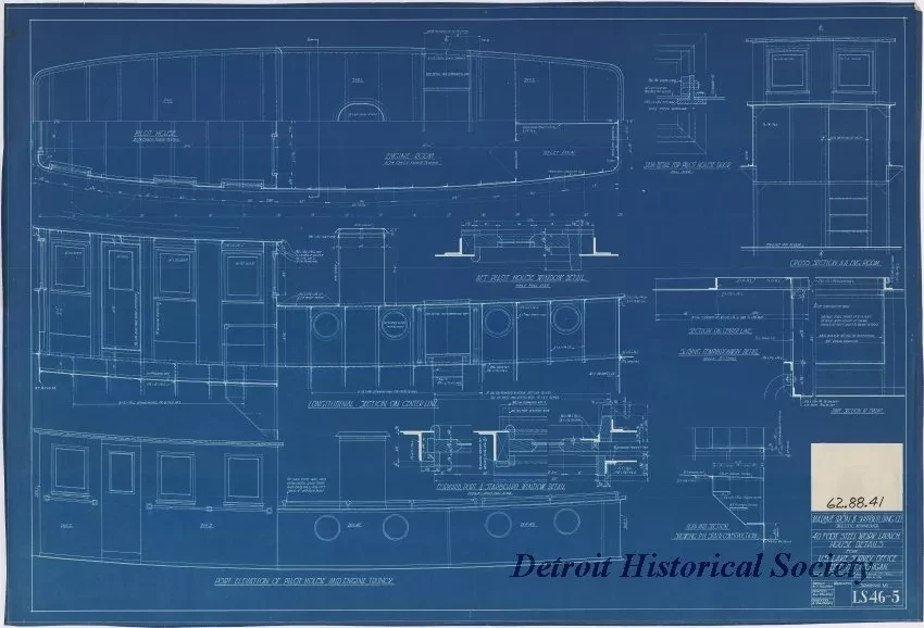 Blueprint - 40 Foot Steel Work Launch, 
House Details for 
U. S. Lake Survey Office, Detroit, Michigan