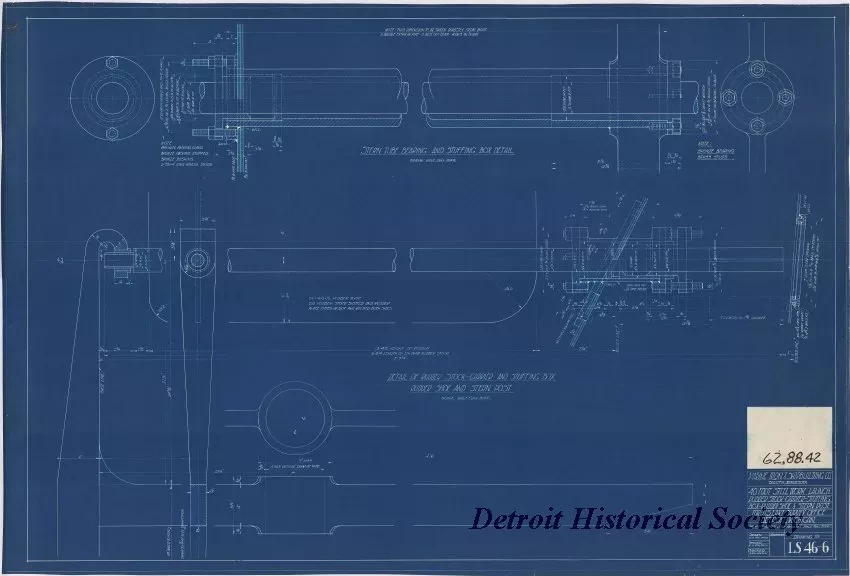 Blueprint - 40 Foot Steel Work Launch, 
Rudder Stock-Carrier-Stuffing Box-Rudder Shoe & Stern Post
for U. S. Lake Survey Office, Detroit, Michigan