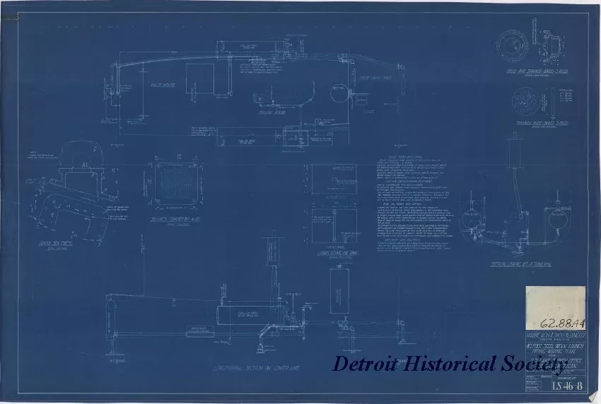 Blueprint - 40 Foot Steel Work Launch, 
Piping-Wiring Plan 
for U. S. Lake Survey Office, Detroit, Michigan