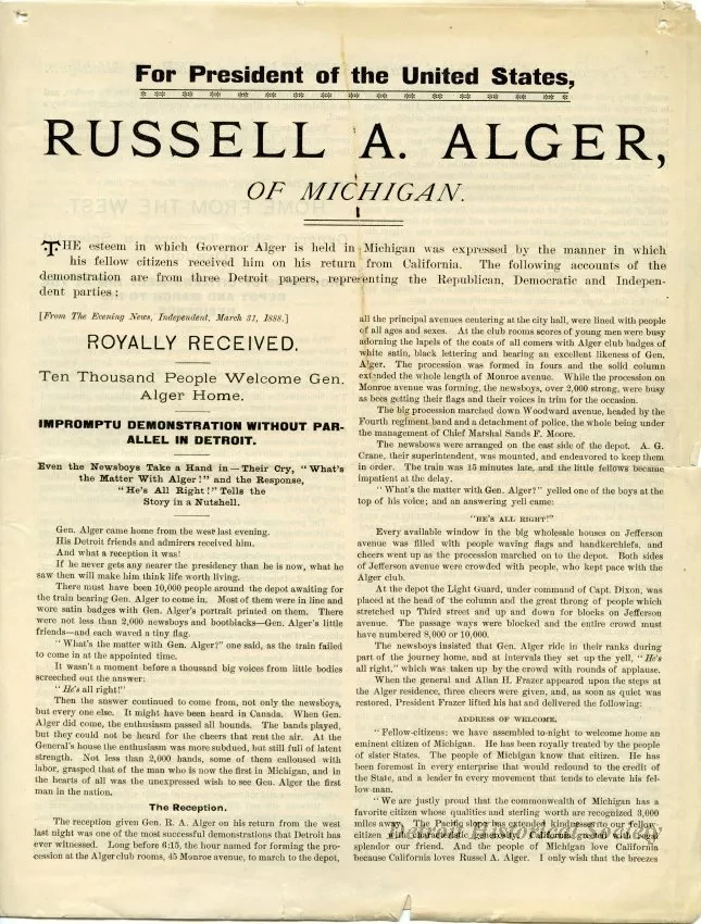 Leaflet - For President of the United States Russell A. Alger of Michigan