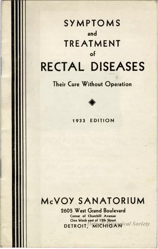 Booklet - Symptoms and Treatment of Rectal Diseases, Their Cure Without Operation, 1933 Edition.
