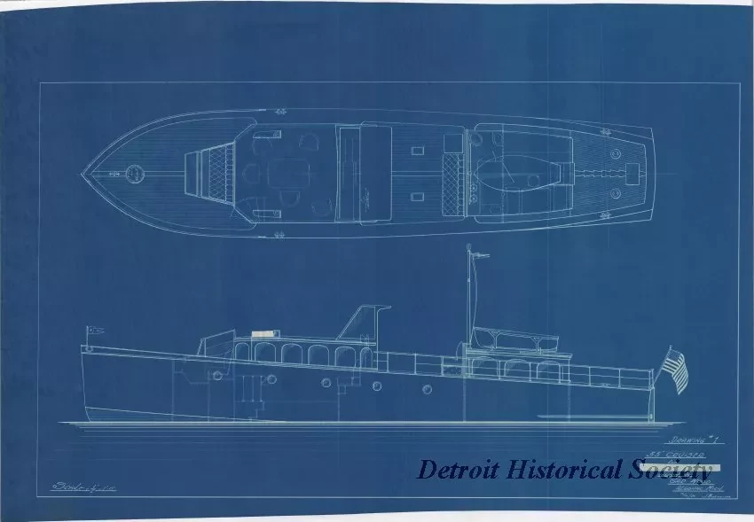Blueprint - Drawing #1, 55' Cruiser for ----- Designed by Gar Wood, Algonac, Mich
