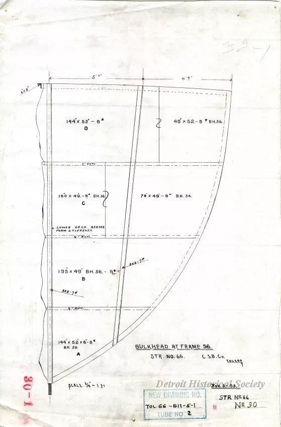 Drawing, Technical - Bulkhead at Frame 56,
Str. [Steamer] No. 66