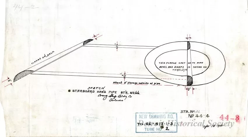 Drawing, Technical - Sketch, Starboard Haws[e] Pipe,
St'r. [Steamer] No. 66