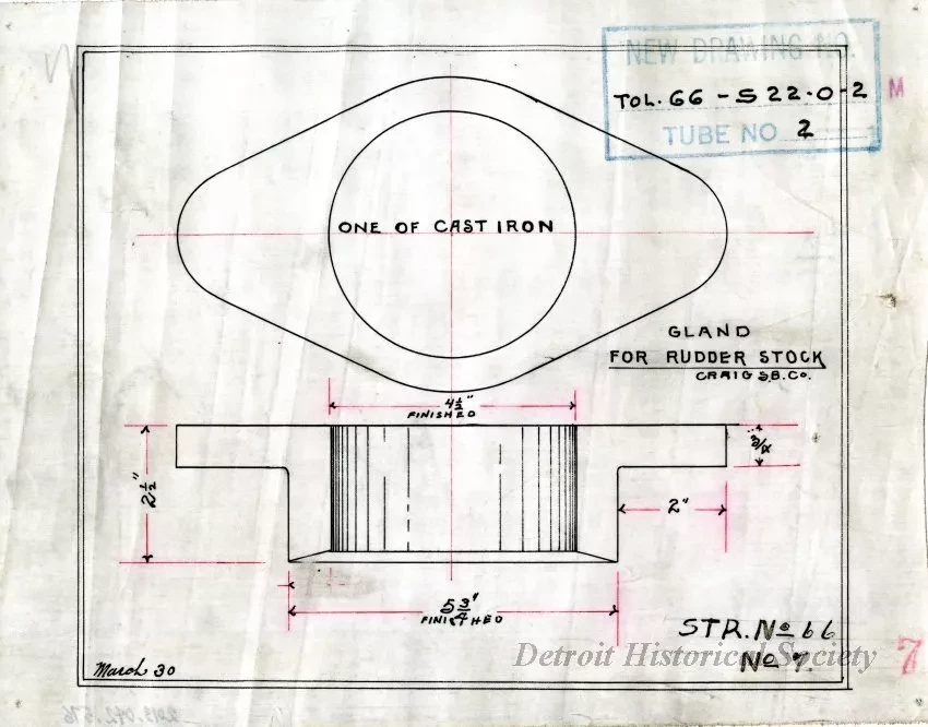 Drawing, Technical - Gland for Rudder Stock,
Str. [Steamer] No. 66