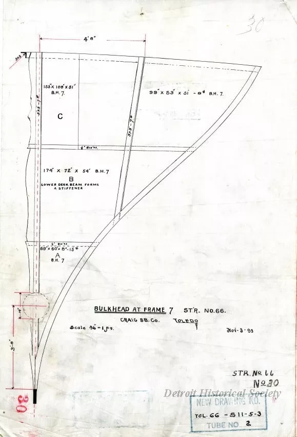 Drawing, Technical - Bulkhead at Frame 7, St'r. [Steamer] No. 66