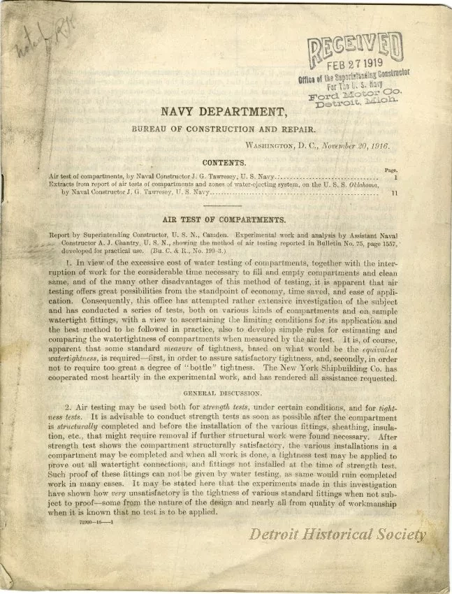 Report, Technical - "Air Test of Compartments," and "Extracts from Report of Air Tests of Compartments and Zones of Water-Ejecting System on the U.S.S. OKLAHOMA,"