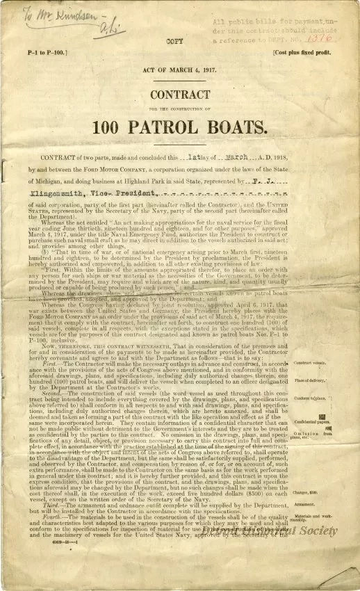 Contract - Act of March 4, 1917, Contract for the Construction of 100 Patrol Boats