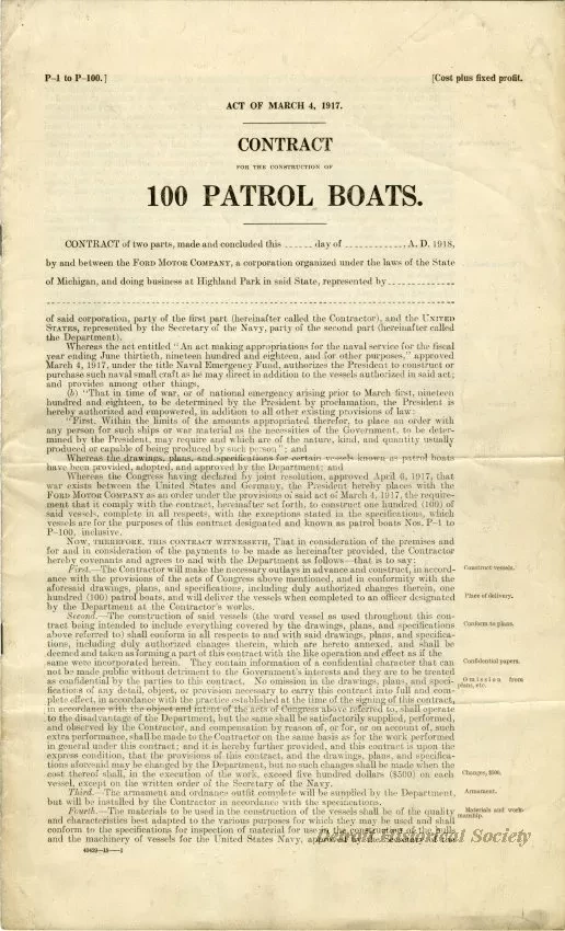 Contract - Act of March 4, 1917, Contract for the Construction of 100 Patrol Boats