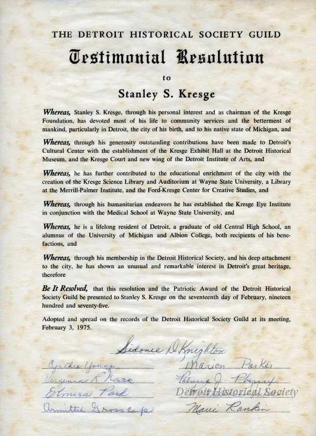 Resolution - Detroit Historical Society Testimonial Resolution to Stanley S. Kresge