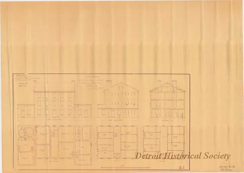 Blueprint - Fort Wayne - Plans, Elevation, and Section of
Offices, Bakery, Guard, Store and Washing Rooms