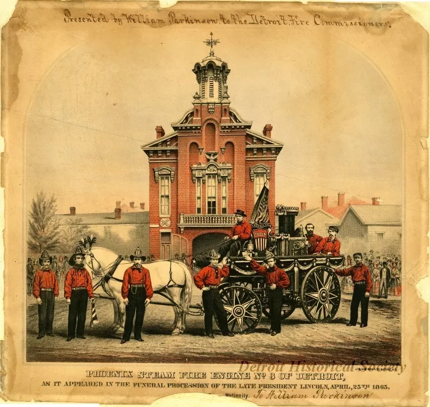 Lithograph - Phoenix Steam Fire Engine No. 3 of Detroit as it apeared in the funeral procession of the late President Lincoln, April, 25th 1865. Presented by Robert Meginity