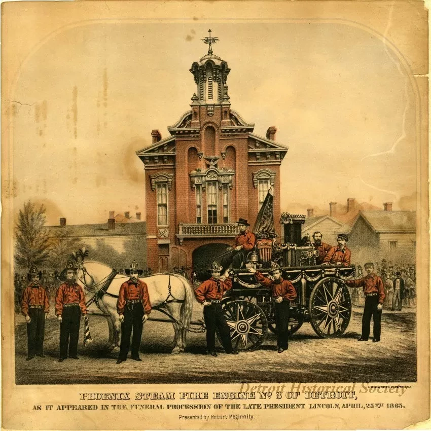 Lithograph - Phoenix Steam Fire Engine No. 3 of Detroit as it apeared in the funeral procession of the late President Lincoln, April, 25th 1865. Presented by Robert Meginity
