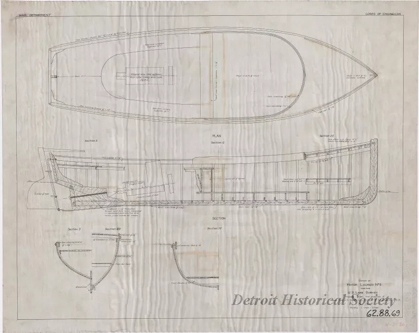 Drawing, Technical - Design of Motor Launch No. 8 for the U. S. Lake Survey
