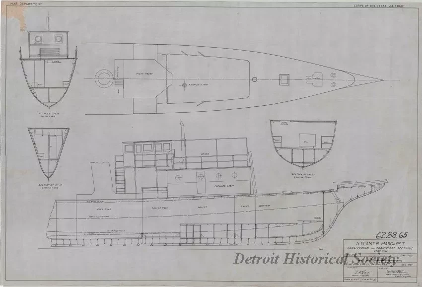 Drawing, Technical - Steamer Margaret,
Longitudinal and Transverse Sections Near Bow