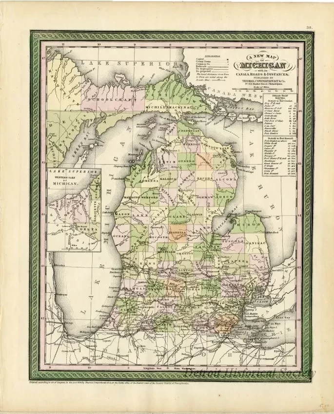 Map - A New Map of Michigan with its Canals, Roads & Distances.