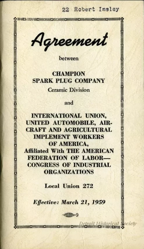 Agreement - Agreement between Champion Spark Plug Company Ceramic Division and International Union, United Automobile, Aerospace and Agricultural Implement Workers of America, Affiliated with The American Federation of Labor - Congress of Industrial, Loca